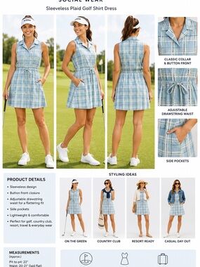 Byrdie Golf Social Wear XXL Blue Plaid Sleeveless Golf Shirt Dress Drawstring